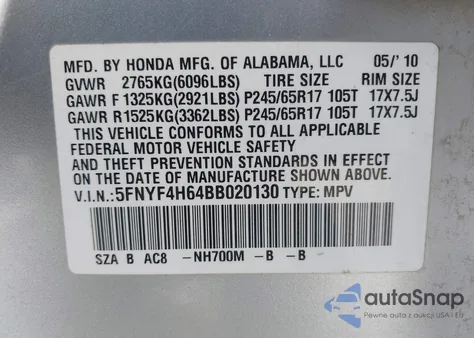 2011 Honda Pilot Ex-L из США, поврежденный, VIN 5FNYF4H65BB055808